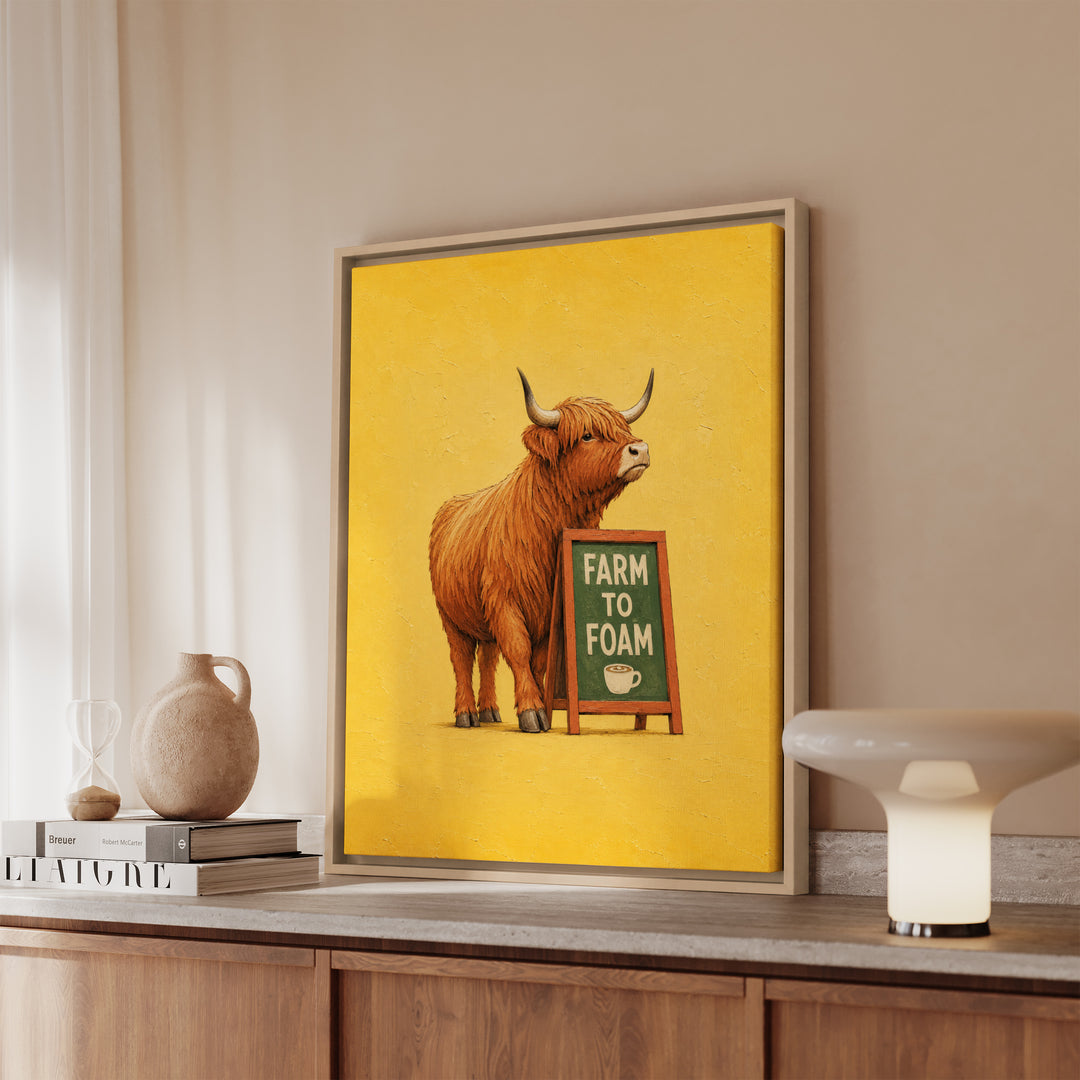 Steamed Milk Source – Coffee Bar Art with a Highland Cow and Farm to Foam – Framed Canvas Wall Art