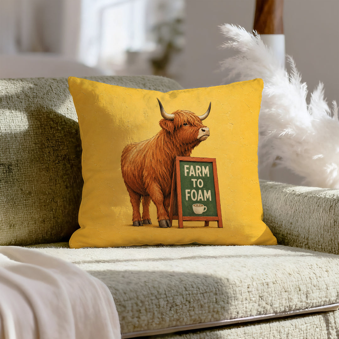 Steamed Milk Source – Coffee Bar Decor with a Highland Cow and Farm to Foam – Throw Pillow