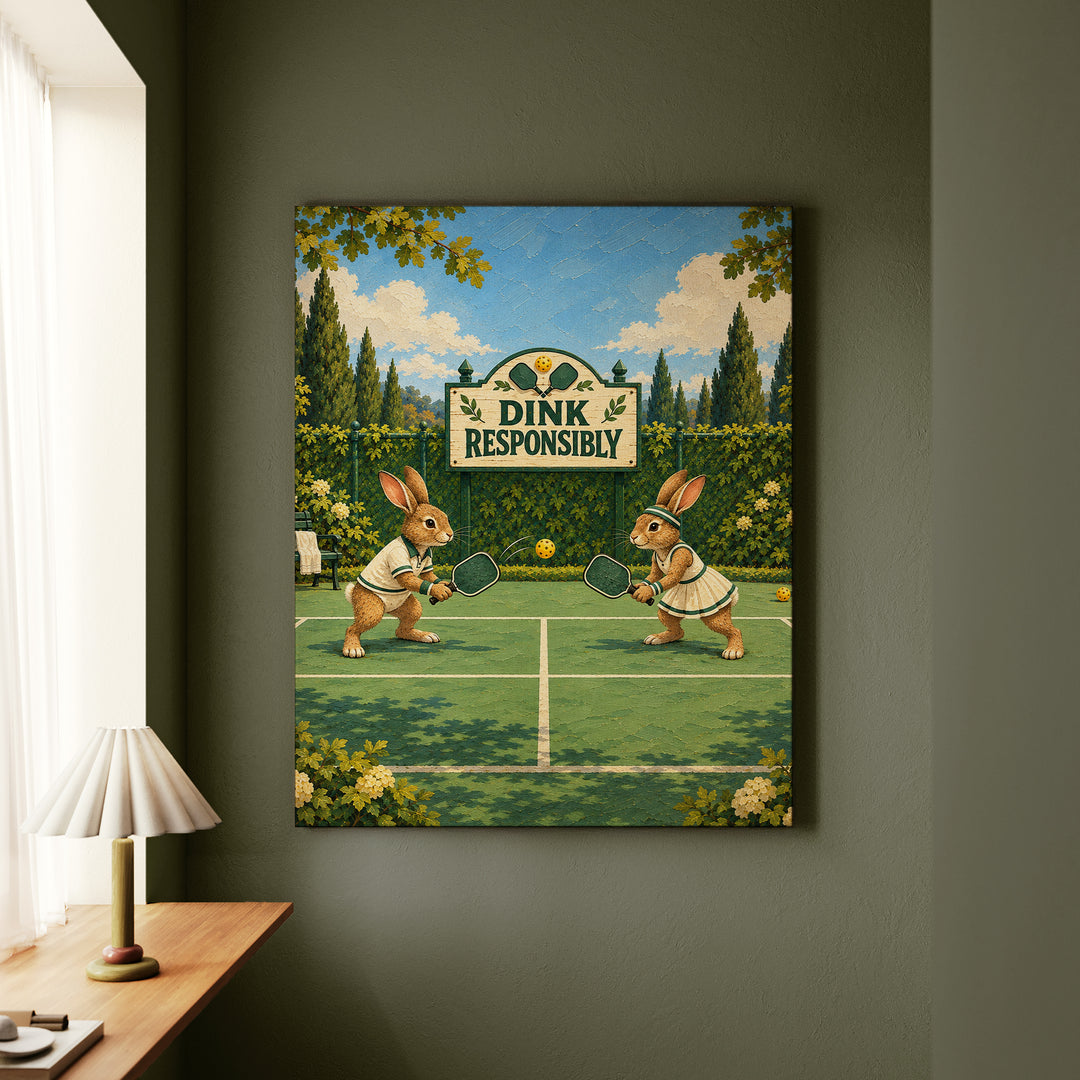 Dink Responsibly – Pickleball Art with Two Rabbits at the Kitchen Line – Canvas Wall Art