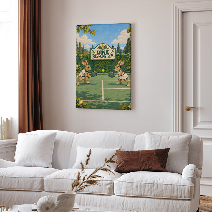 Dink Responsibly – Pickleball Art with Two Rabbits at the Kitchen Line – Canvas Wall Art