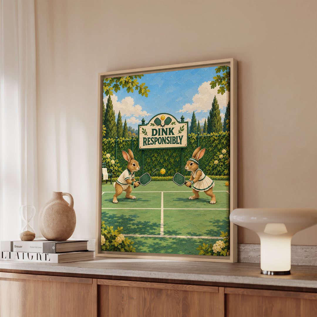 Dink Responsibly – Pickleball Art with Two Rabbits at the Kitchen Line – Framed Canvas Wall Art