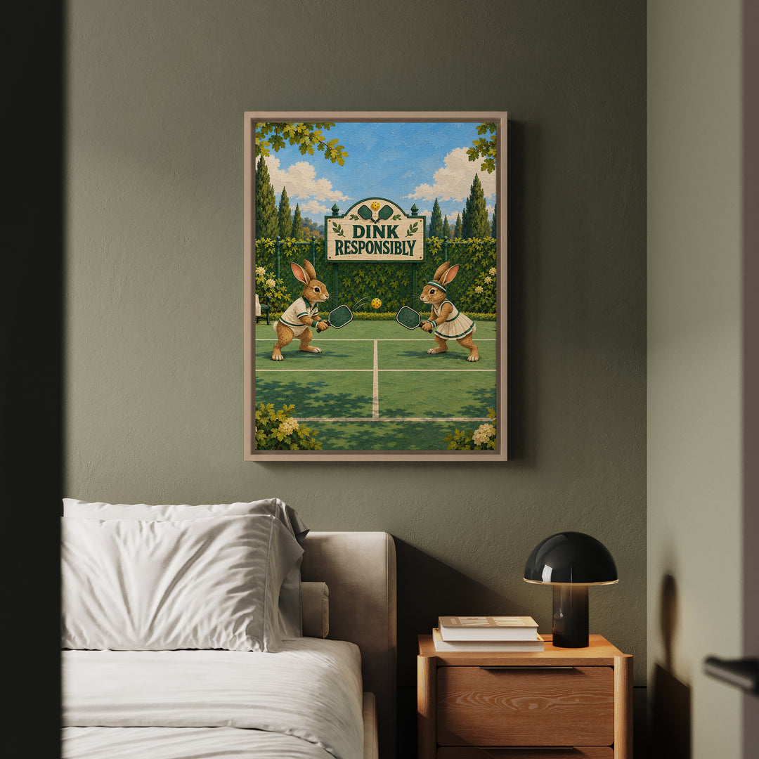 Dink Responsibly – Pickleball Art with Two Rabbits at the Kitchen Line – Framed Canvas Wall Art