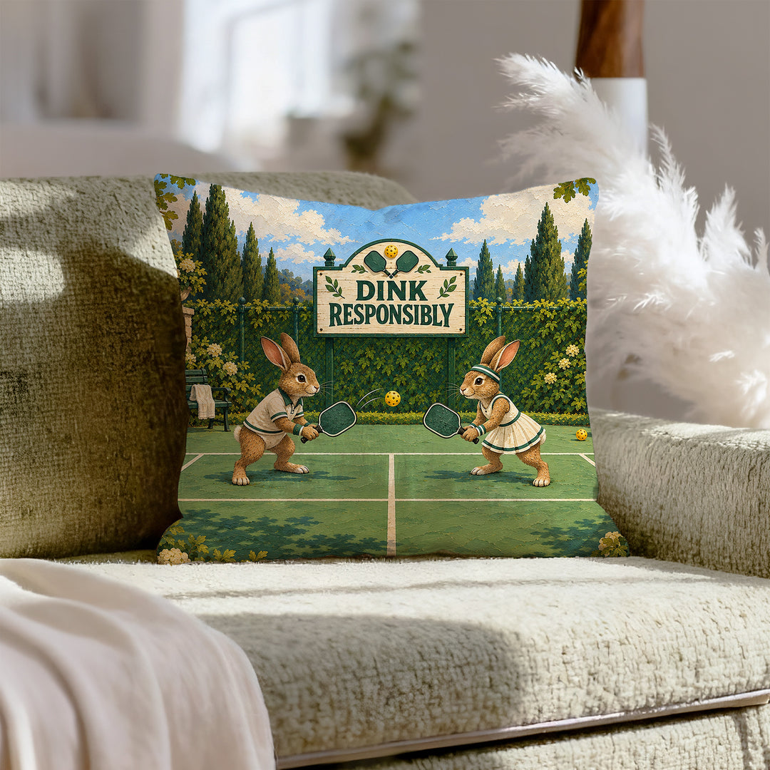 Dink Responsibly – Pickleball Decor with Two Rabbits at the Kitchen Line – Throw Pillow