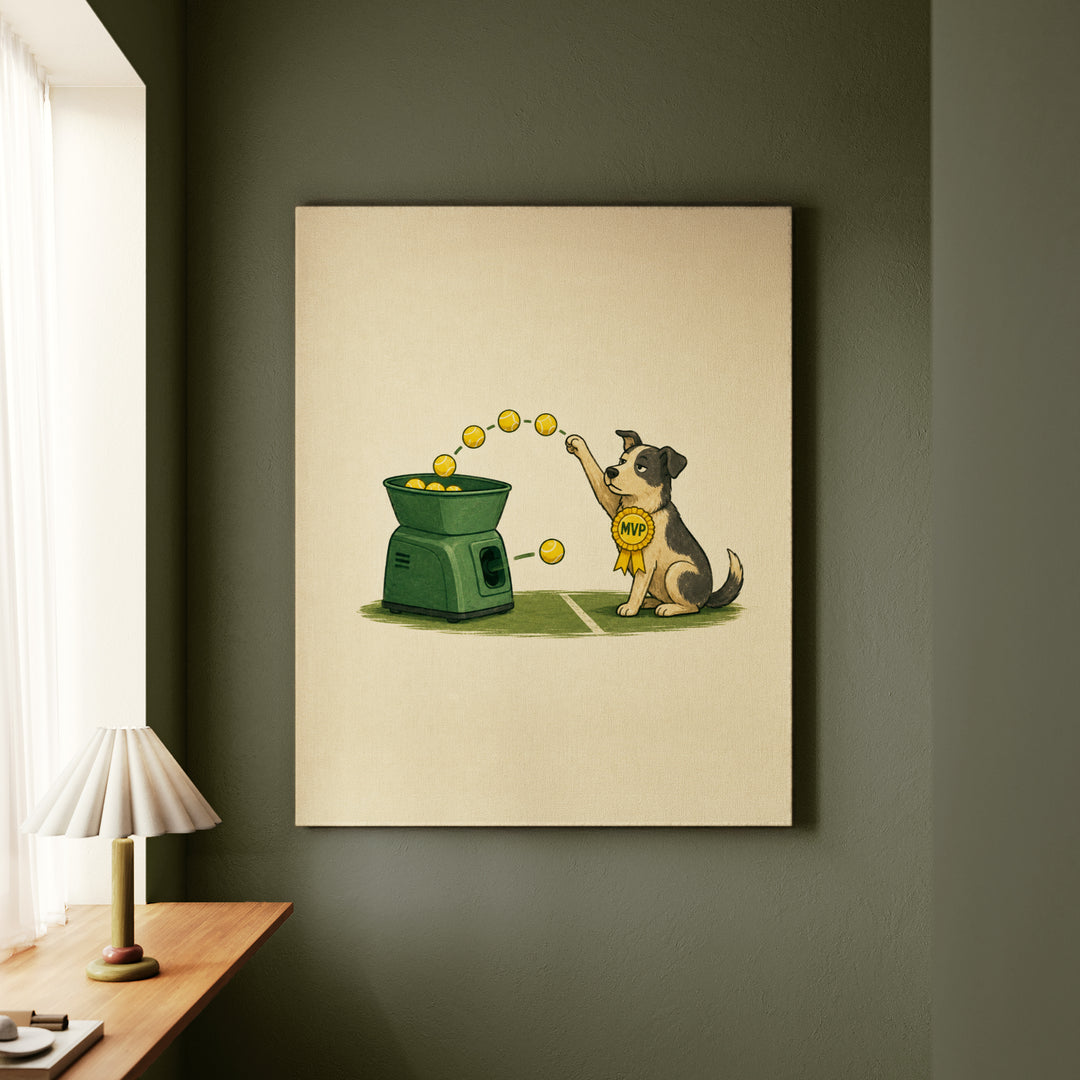 Ball Machine – Tennis Wall Art with a Dog Outpacing the Feeder – Canvas Wall Art