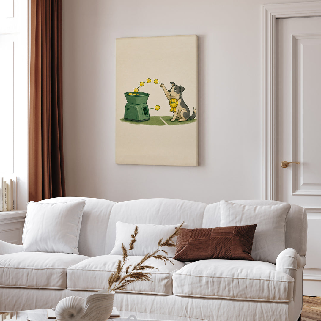 Ball Machine – Tennis Wall Art with a Dog Outpacing the Feeder – Canvas Wall Art