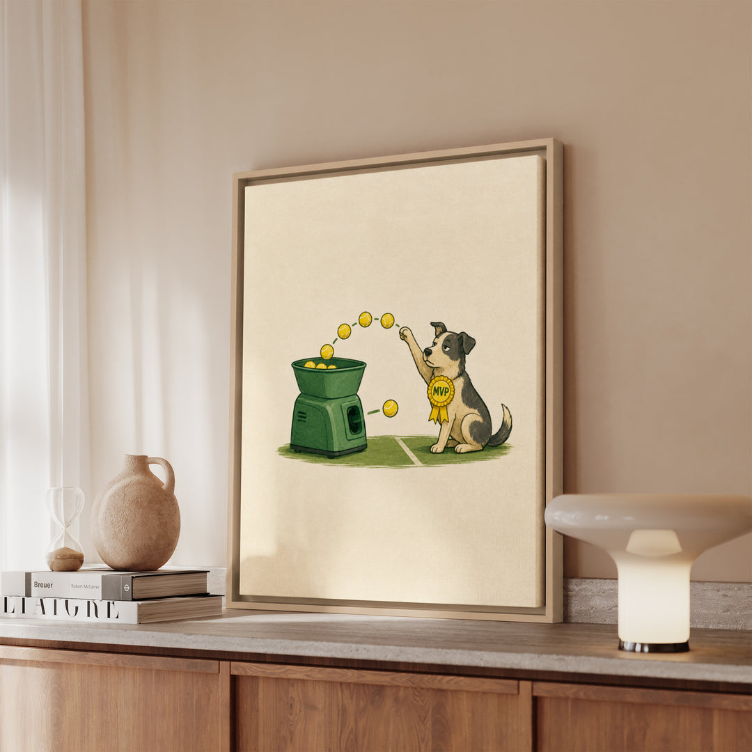 Ball Machine – Tennis Wall Art with a Dog Outpacing the Feeder – Framed Canvas Wall Art