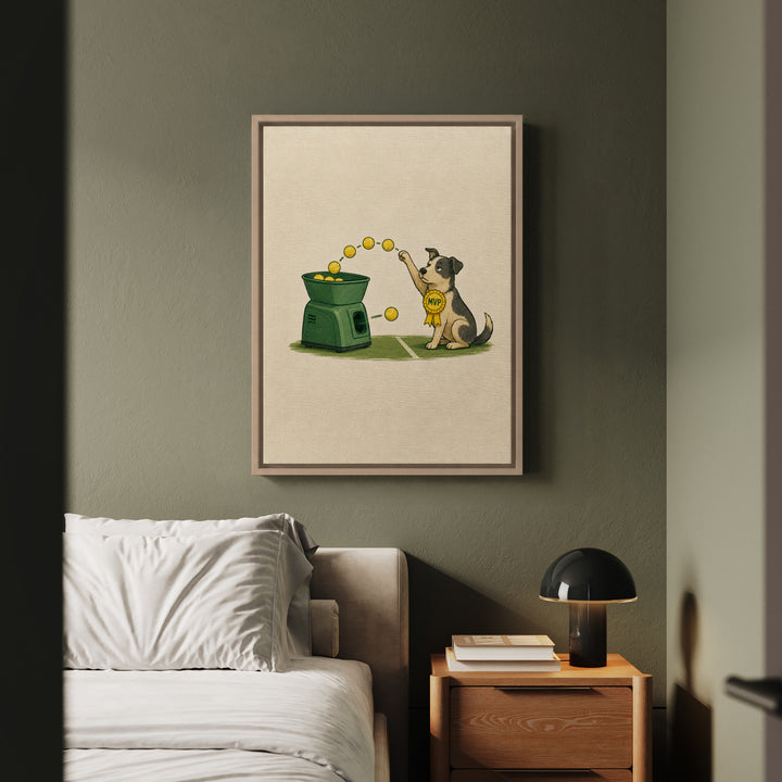 Ball Machine – Tennis Wall Art with a Dog Outpacing the Feeder – Canvas / Framed Canvas