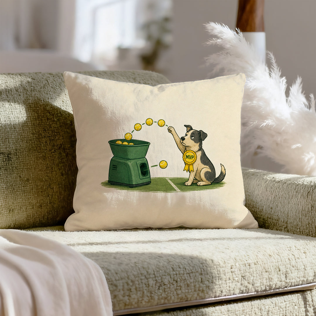 Ball Machine – Tennis Decor with a Dog Outpacing the Feeder – Throw Pillow