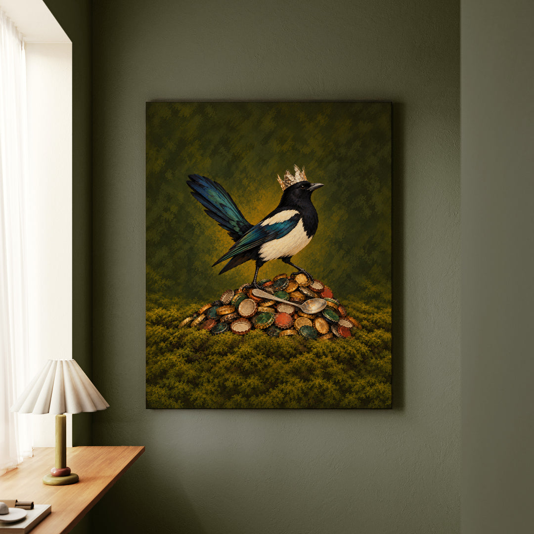 Shiny Thing Acquired – Magpie Art with a Hoard of Caps and One Gold Ring – Canvas Wall Art