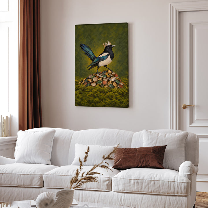 Shiny Thing Acquired – Magpie Art with a Hoard of Caps and One Gold Ring – Canvas Wall Art