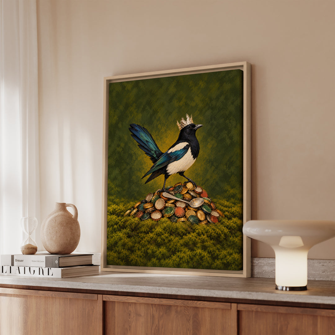 Shiny Thing Acquired – Magpie Art with a Hoard of Caps and One Gold Ring – Framed Canvas Wall Art