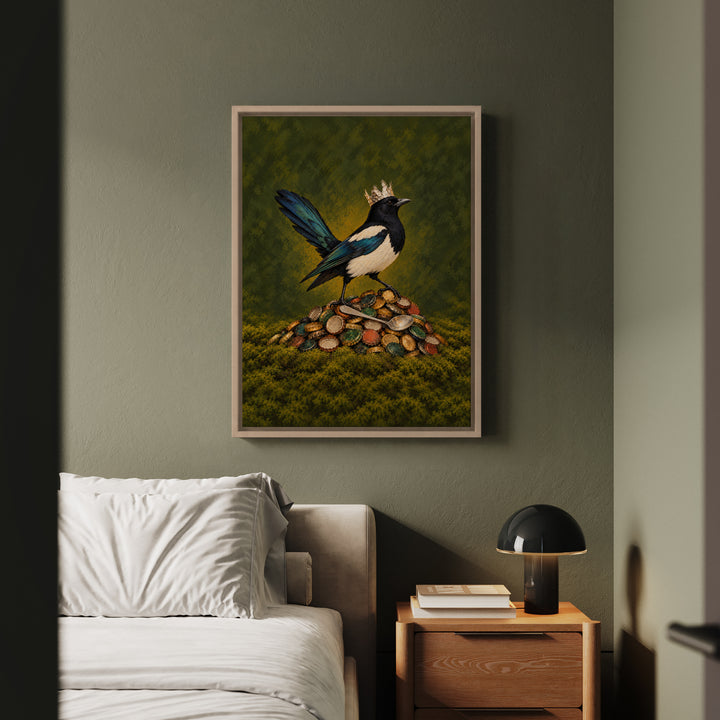 Shiny Thing Acquired – Magpie Art with a Hoard of Caps and One Gold Ring – Framed Canvas Wall Art