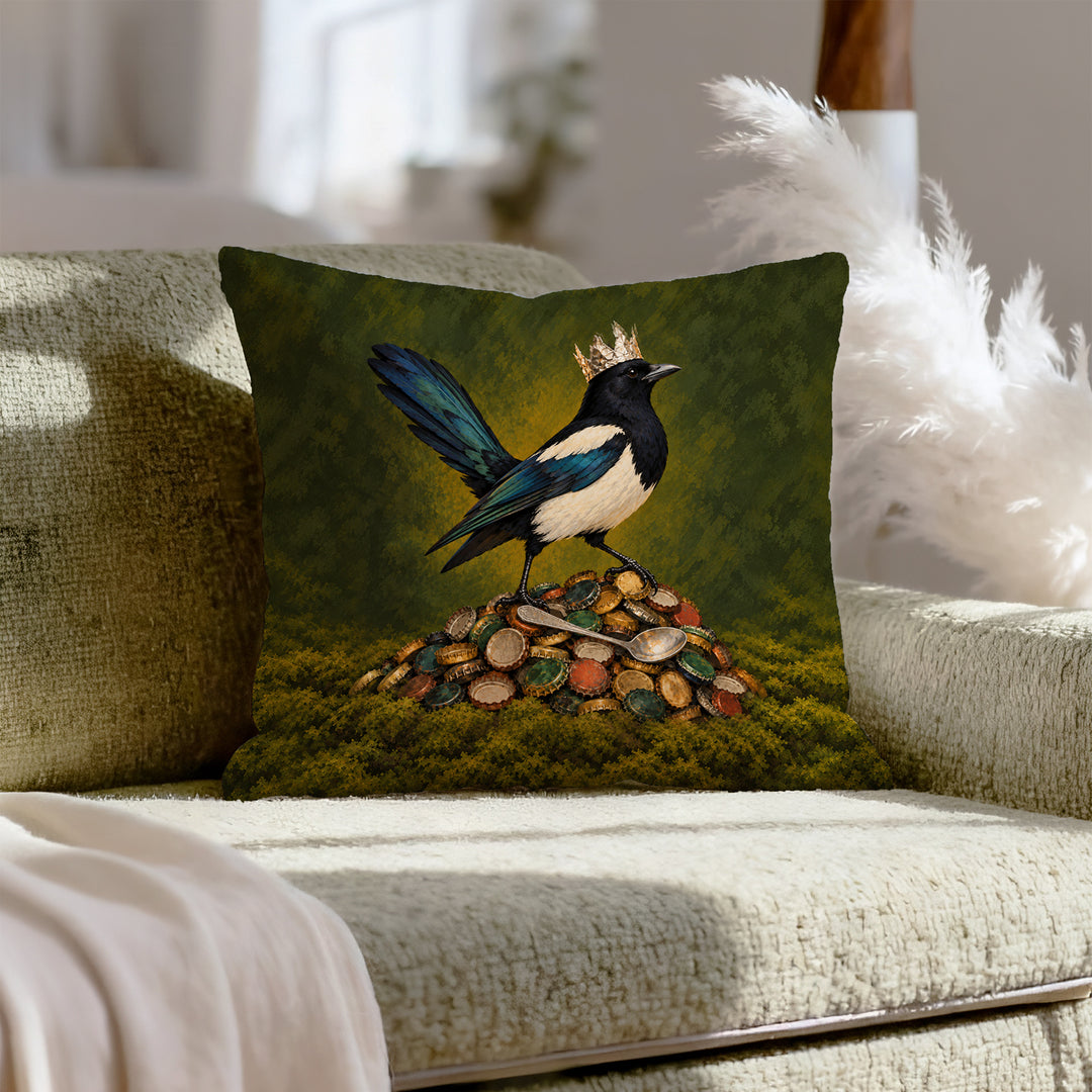 Shiny Thing Acquired – Magpie Decor with a Hoard of Caps and One Gold Ring – Throw Pillow