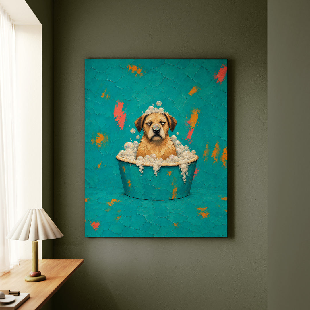 Bubble Trouble – Funny Bathroom Wall Art with a Soggy Dog in the Tub – Canvas Wall Art
