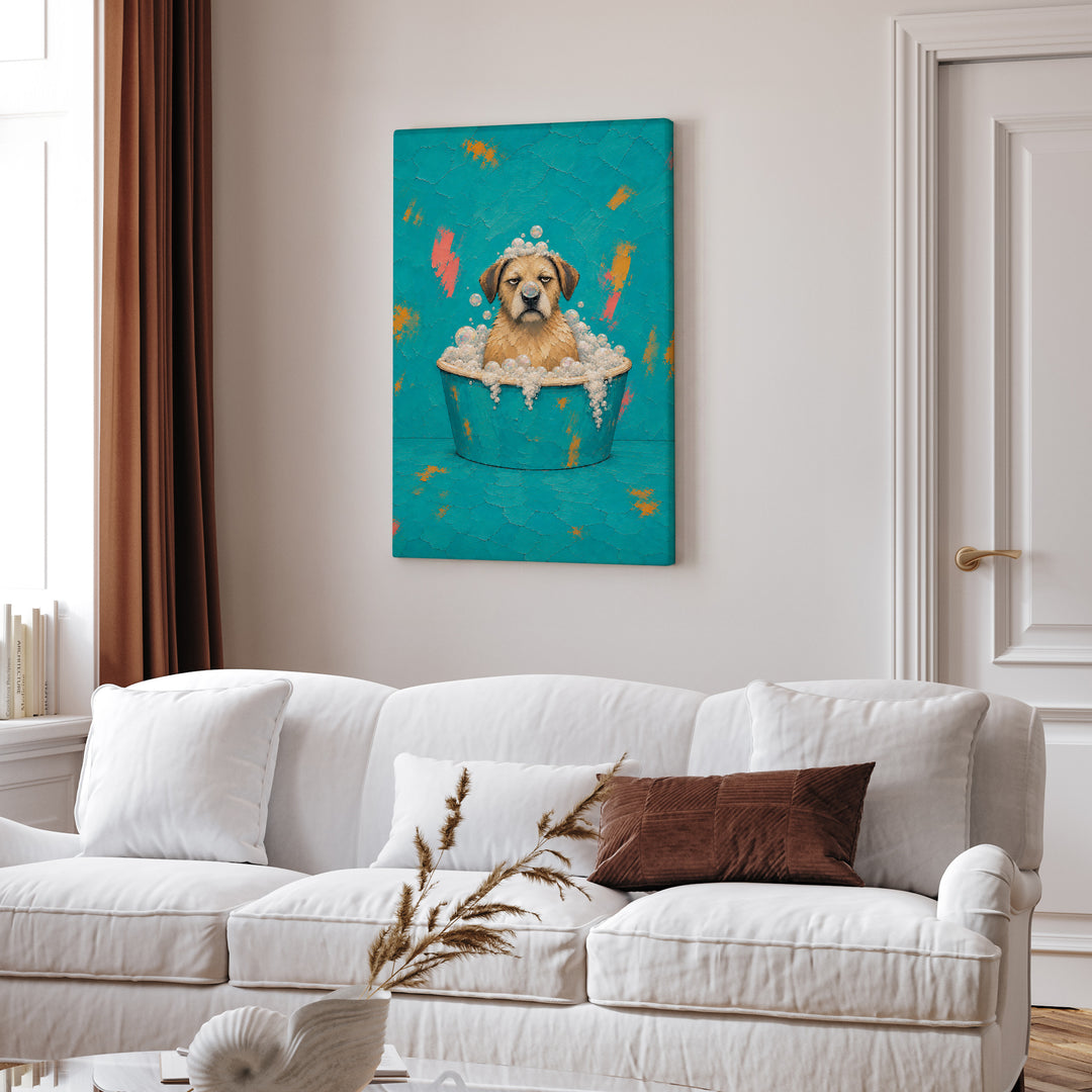 Bubble Trouble – Funny Bathroom Wall Art with a Soggy Dog in the Tub – Canvas / Framed Canvas