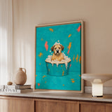 Bubble Trouble – Funny Bathroom Wall Art with a Soggy Dog in the Tub – Framed Canvas Wall Art