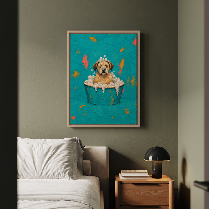 Bubble Trouble – Funny Bathroom Wall Art with a Soggy Dog in the Tub – Framed Canvas Wall Art