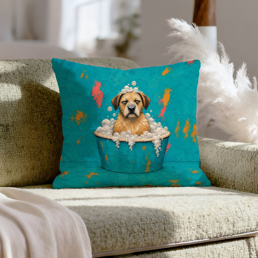 Bubble Trouble – Funny Bathroom Wall Art with a Soggy Dog in the Tub – Pillow / Cover