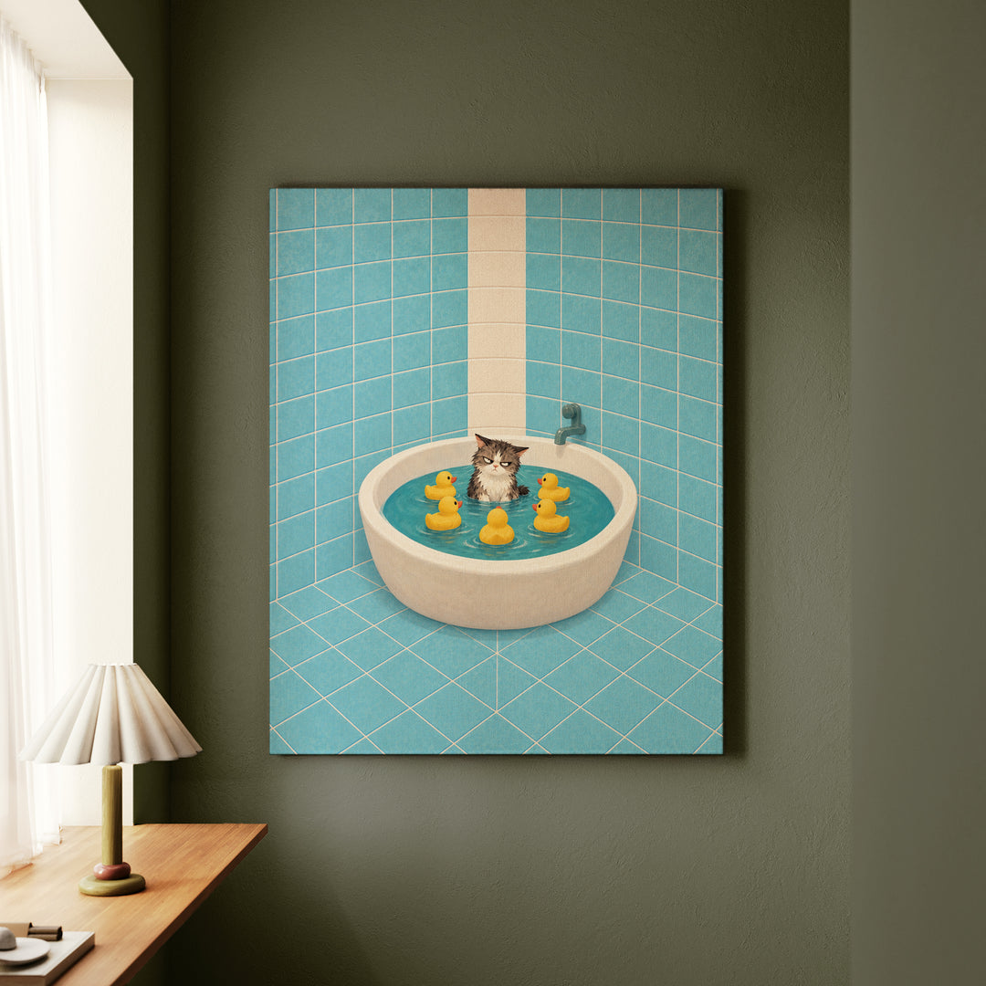 Rubber Duck Committee – Funny Cat Bathroom Art with a Bathtub Standoff – Canvas Wall Art