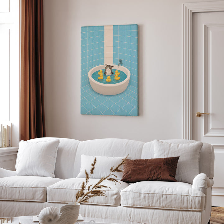 Rubber Duck Committee – Funny Cat Bathroom Art with a Bathtub Standoff – Canvas Wall Art