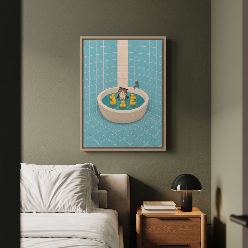 Rubber Duck Committee – Funny Cat Bathroom Art with a Bathtub Standoff – Framed Canvas Wall Art