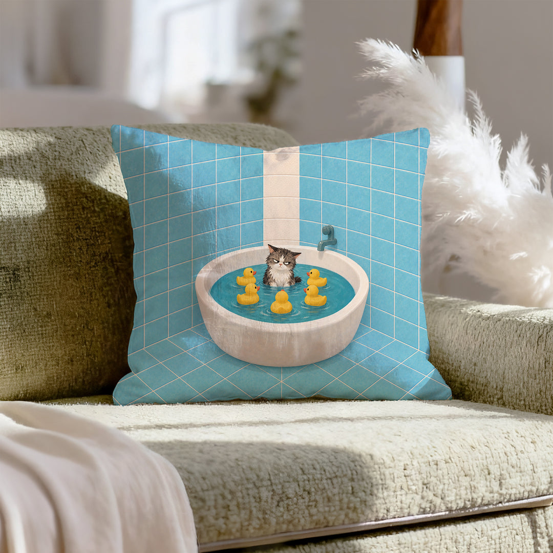 Rubber Duck Committee – Funny Cat Bathroom Decor with a Bathtub Standoff – Throw Pillow