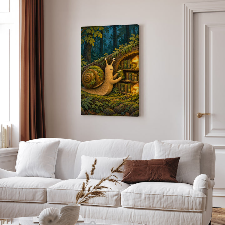 The Moss Librarian – Moss Decor with a Snail Shelving Tiny Volumes – Canvas Wall Art