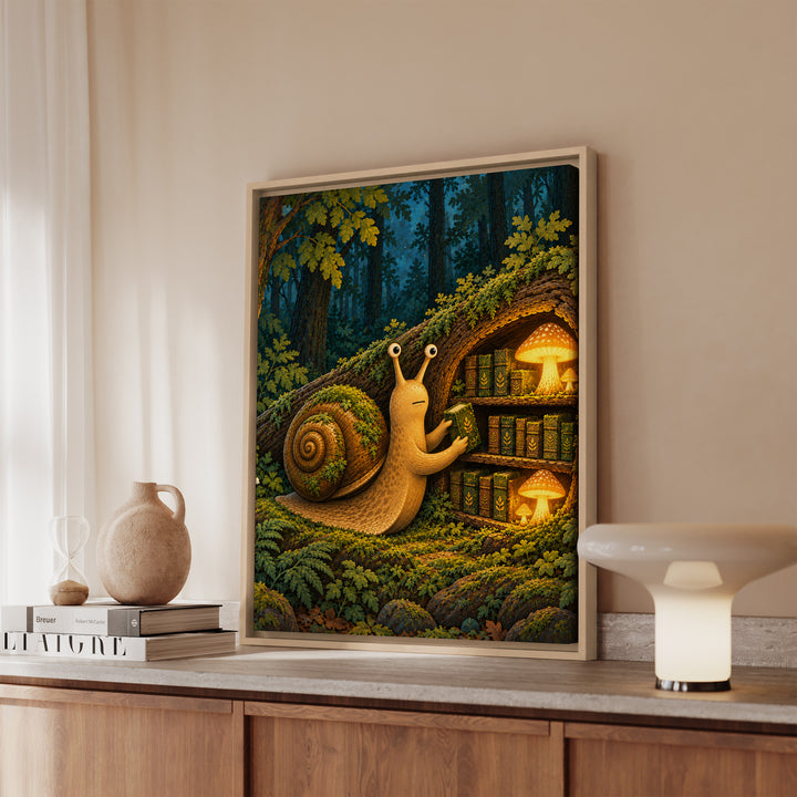 The Moss Librarian – Moss Decor with a Snail Shelving Tiny Volumes – Canvas / Framed Canvas