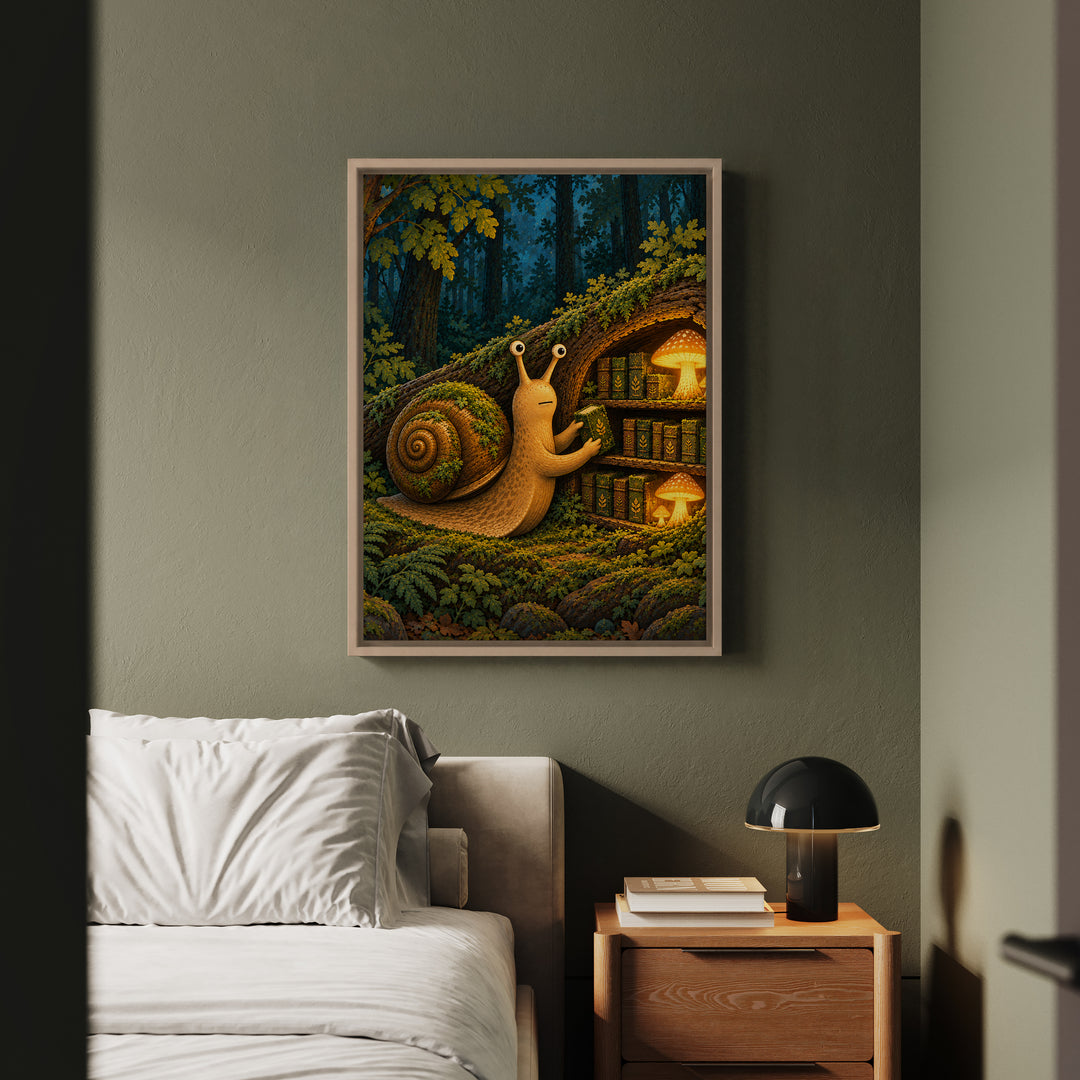 The Moss Librarian – Moss Decor with a Snail Shelving Tiny Volumes – Framed Canvas Wall Art