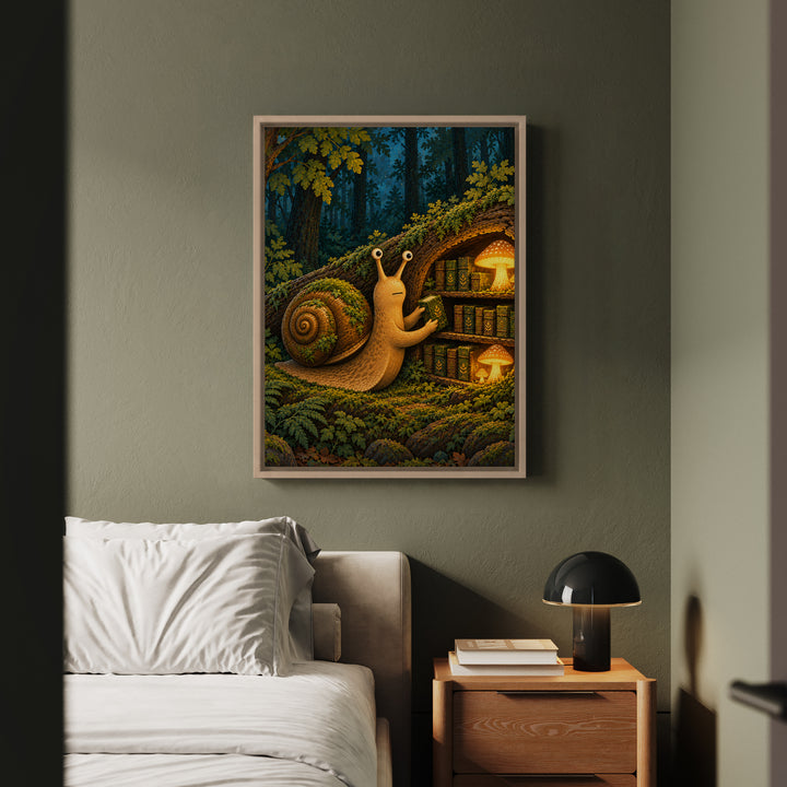 The Moss Librarian – Moss Decor with a Snail Shelving Tiny Volumes – Framed Canvas Wall Art