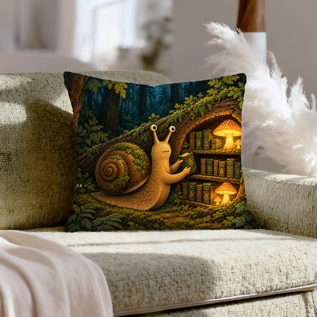 The Moss Librarian – Moss Decor with a Snail Shelving Tiny Volumes – Throw Pillow