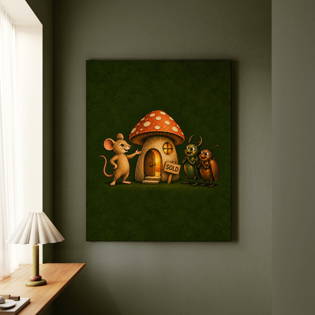 Mushroom Real Estate – Funny Mouse Art with a Realtor and a Hollow Home – Canvas Wall Art