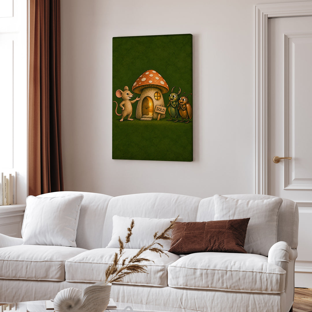 Mushroom Real Estate – Funny Mouse Art with a Realtor and a Hollow Home – Canvas Wall Art