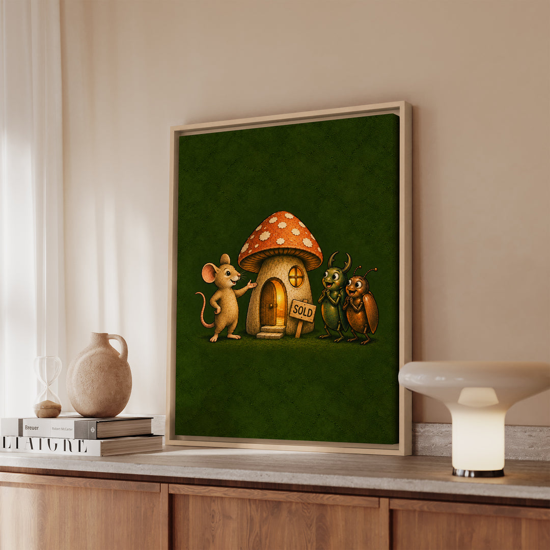 Mushroom Real Estate – Funny Mouse Art with a Realtor and a Hollow Home – Canvas / Framed Canvas