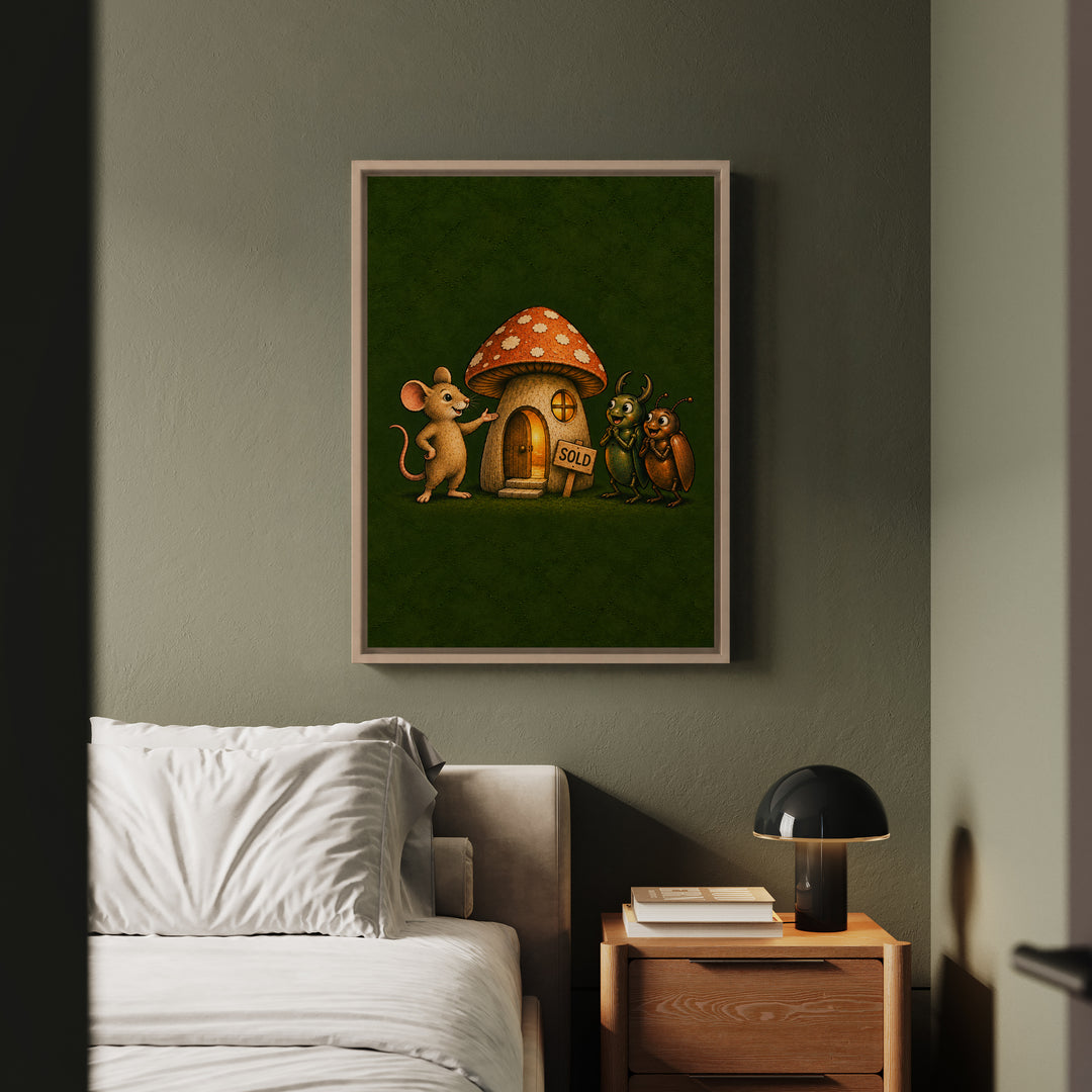 Mushroom Real Estate – Funny Mouse Art with a Realtor and a Hollow Home – Framed Canvas Wall Art