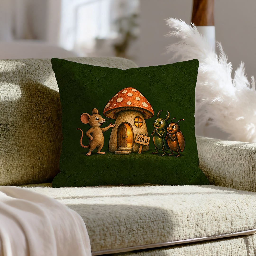 Mushroom Real Estate – Funny Mouse Art with a Realtor and a Hollow Home – Pillow / Cover
