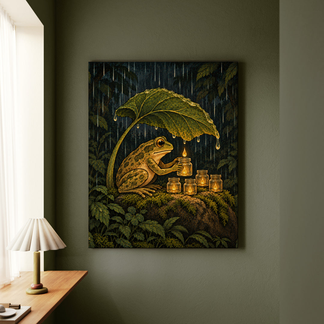 The Rain Collector – Cottagecore Decor with a Frog Tending Tiny Jars – Canvas / Framed Canvas