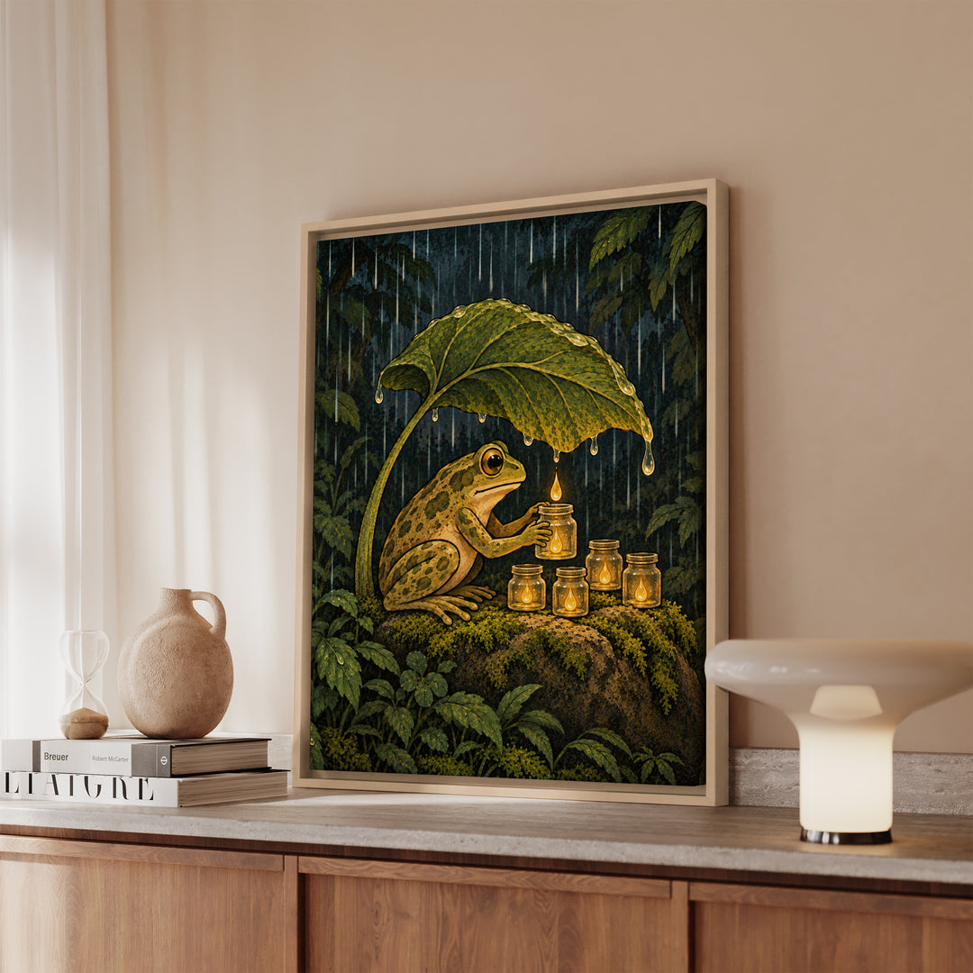 The Rain Collector – Cottagecore Decor with a Frog Tending Tiny Jars – Framed Canvas Wall Art