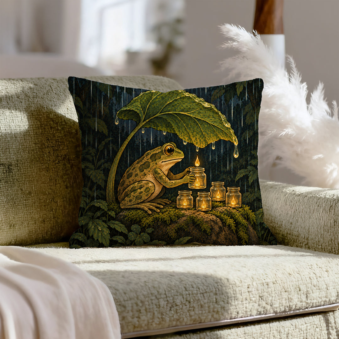 The Rain Collector – Cottagecore Decor with a Frog Tending Tiny Jars – Throw Pillow