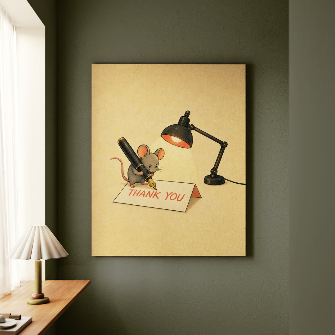 The Thank You Note – Gratitude Art with a Mouse and an Oversized Card – Canvas Wall Art