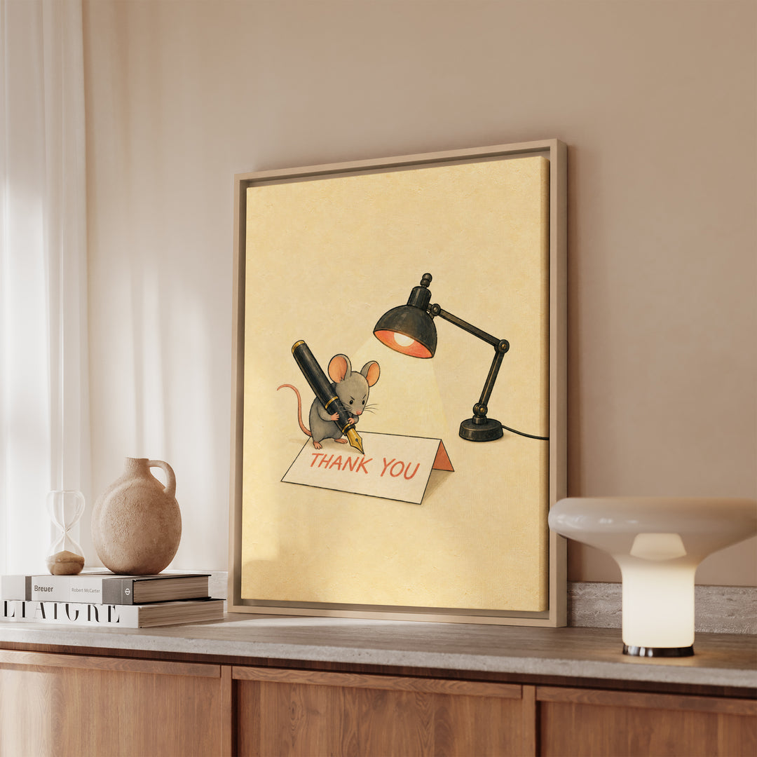 The Thank You Note – Gratitude Art with a Mouse and an Oversized Card – Framed Canvas Wall Art