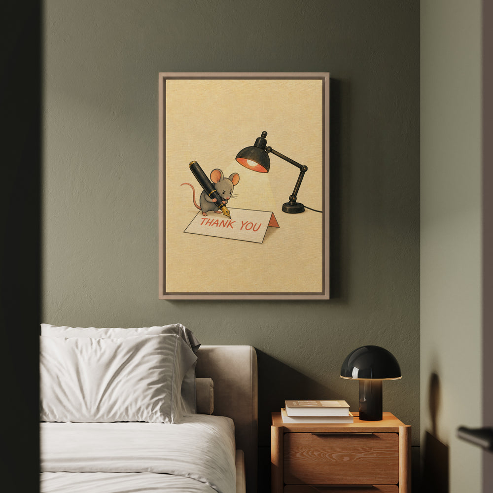 The Thank You Note – Gratitude Art with a Mouse and an Oversized Card – Framed Canvas Wall Art