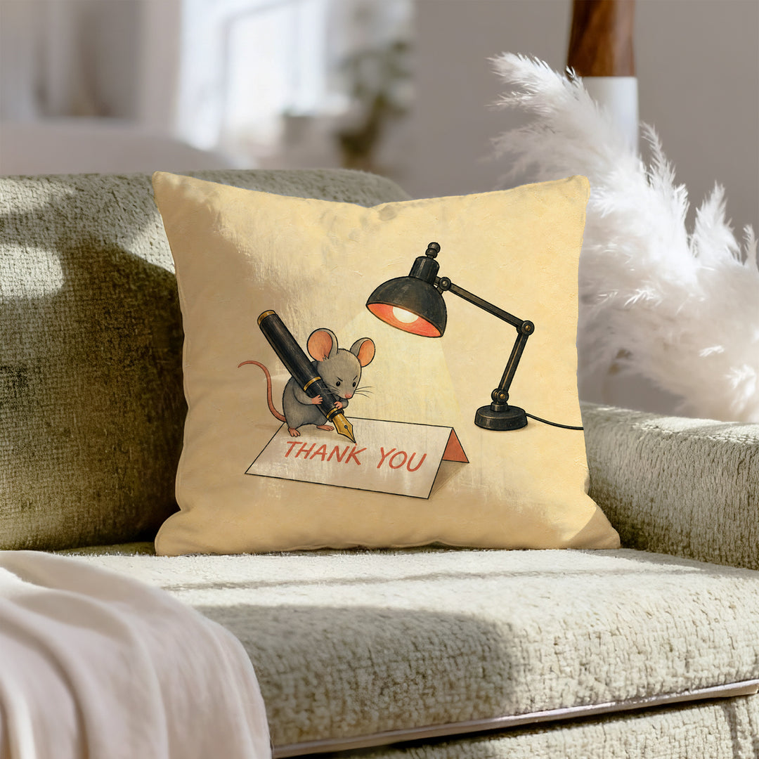 The Thank You Note – Gratitude Decor with a Mouse and an Oversized Card – Throw Pillow