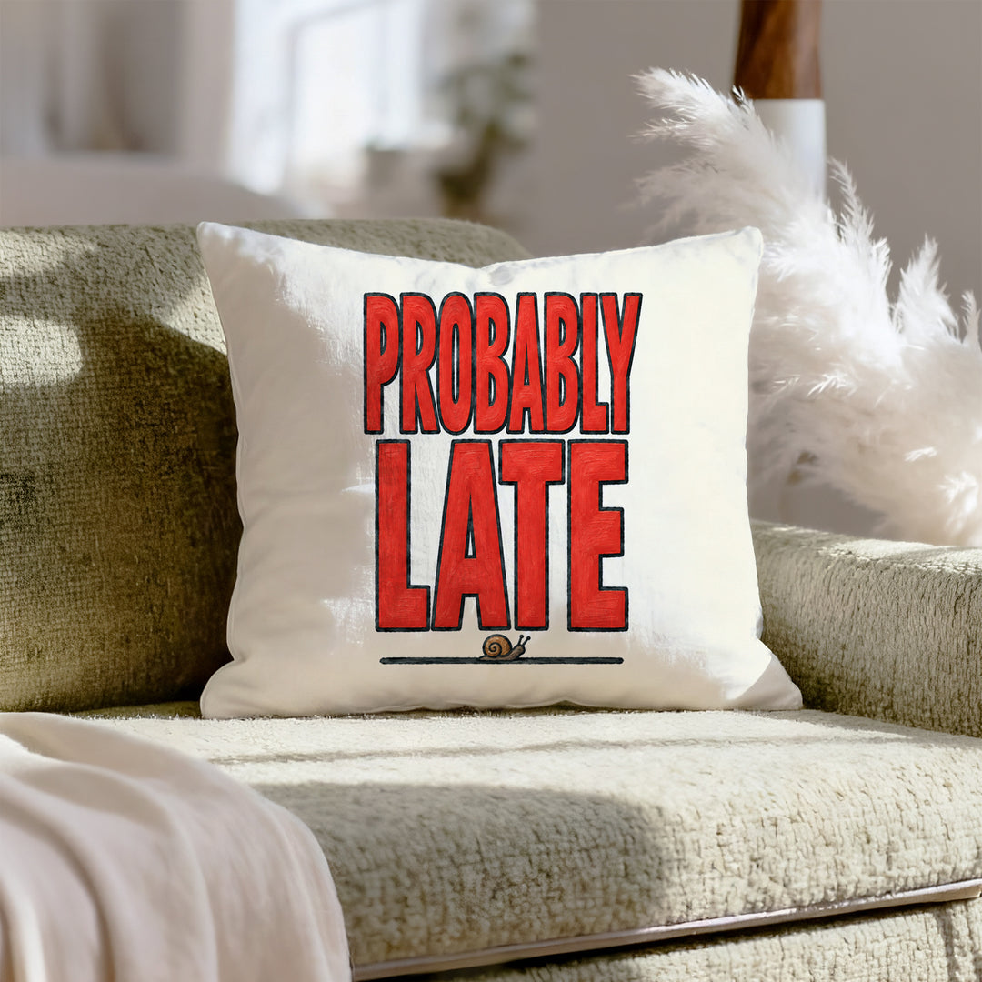 Probably Late – Sarcastic Decor with Big Confident Painted Letters – Pillow Cover