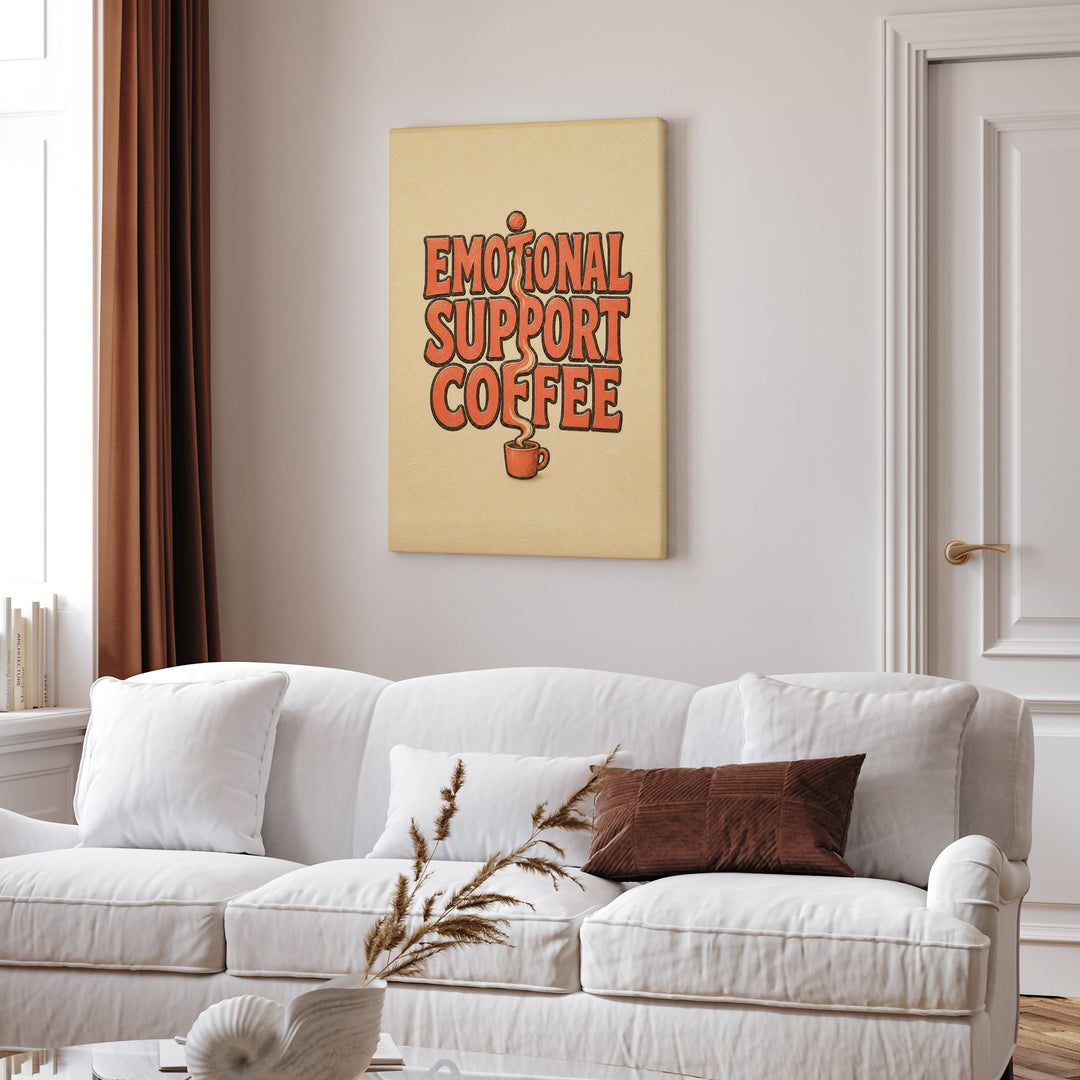 Emotional Support Coffee – Funny Kitchen Art with Thick Words and Rising Steam – Canvas / Framed Canvas