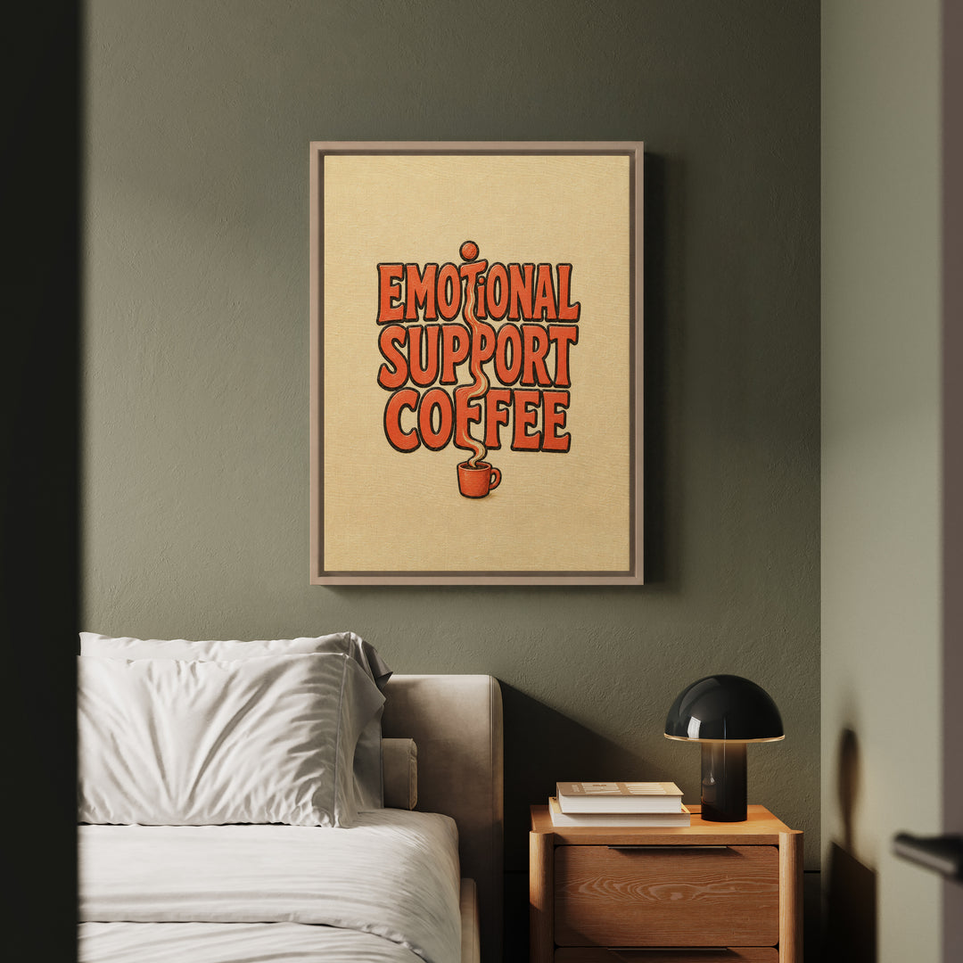 Emotional Support Coffee – Funny Kitchen Art with Thick Words and Rising Steam – Framed Canvas Wall Art