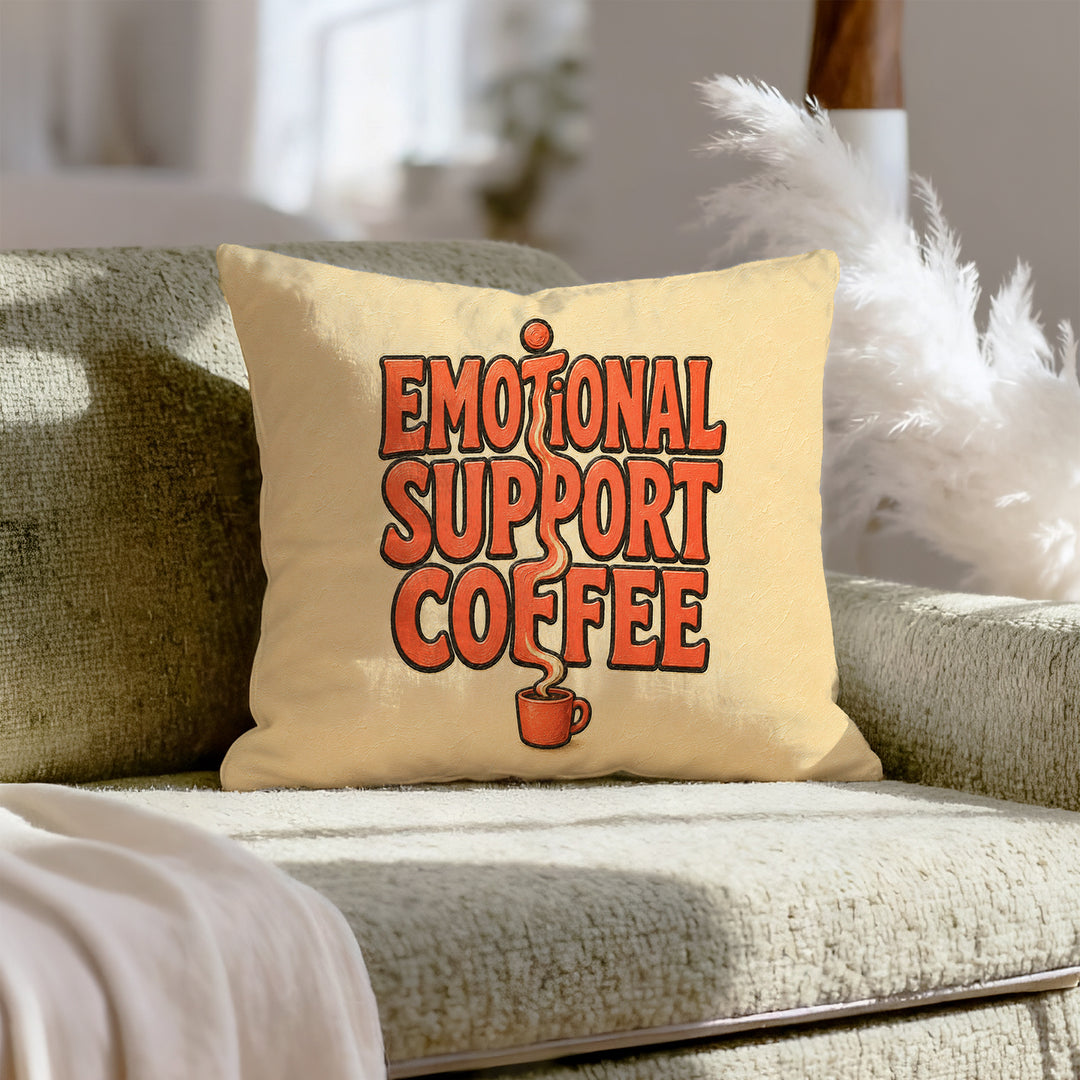Emotional Support Coffee – Funny Kitchen Decor with Thick Words and Rising Steam – Throw Pillow