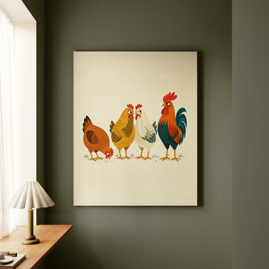 Coop Gossip, Mid Century – Mid Century Modern Art with Geometric Hens Talking – Canvas Wall Art
