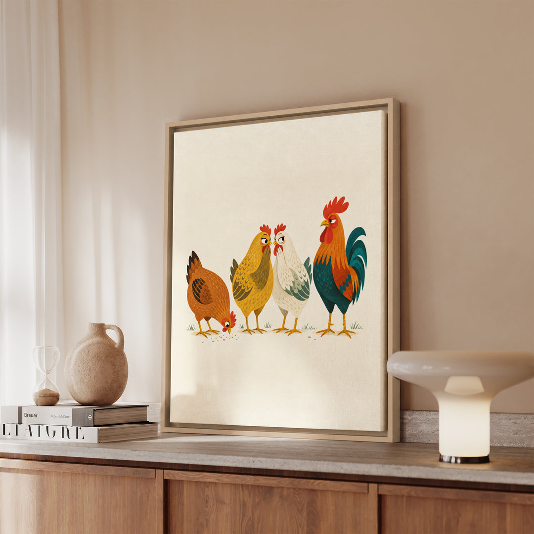 Coop Gossip, Mid Century – Mid Century Modern Art with Geometric Hens Talking – Canvas / Framed Canvas