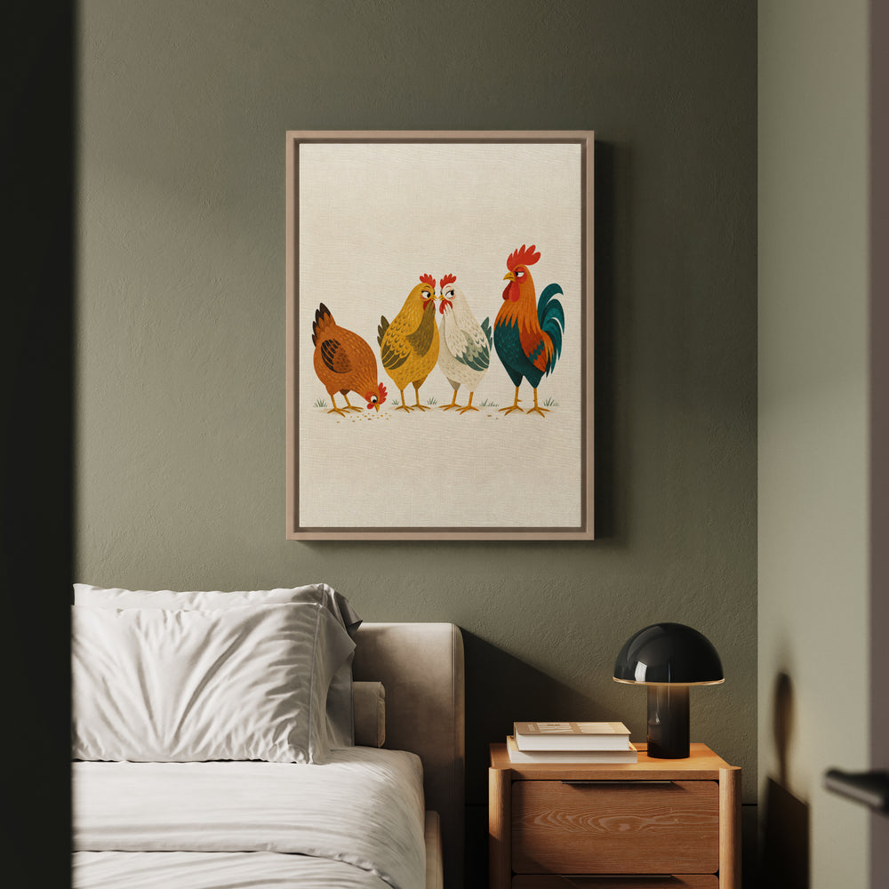 Coop Gossip, Mid Century – Mid Century Modern Art with Geometric Hens Talking – Framed Canvas Wall Art